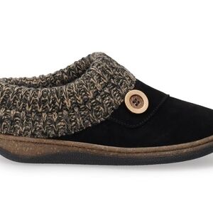 Clarks Black Suede Knit-Cuff Clog Mule with Brown Accent
